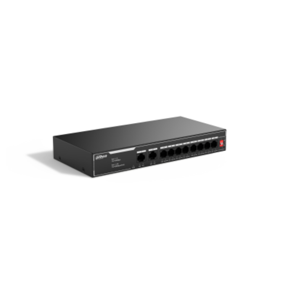 [DH-SF1010LP] Switch Dahua PoE 10 puertos 10/100, NO ADMINISTRABLE / 8 puertos PoE, Admite los estándares 802.3af y 802.3at, Admite transmisión PoE de larga distancia de 250