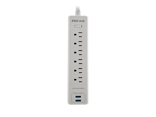 [AU130FOR26] FORZA Regulador de Voltaje 6 Tomas con 2 Puertos USB Blancos